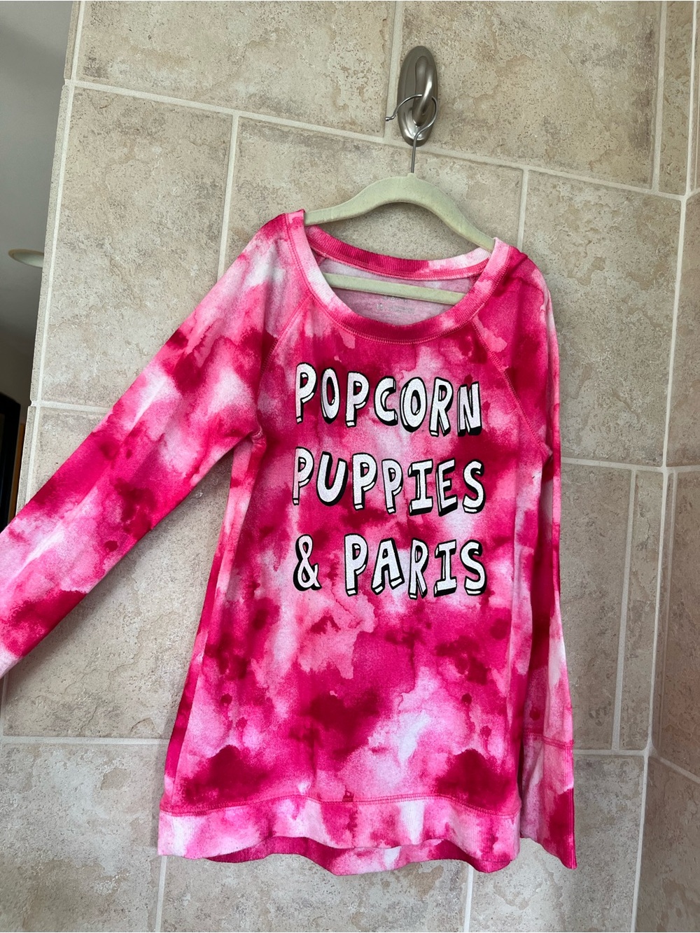 Justice Girls Pink Tie-Dye 'Popcorn Puppies & Paris' Long Sleeve Top Size 14
